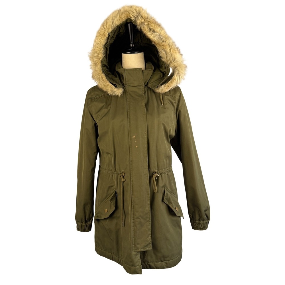 Banana Republic Olive Green Faux Fur Hooded Parka Jacket XS Quilted Lined Winter
